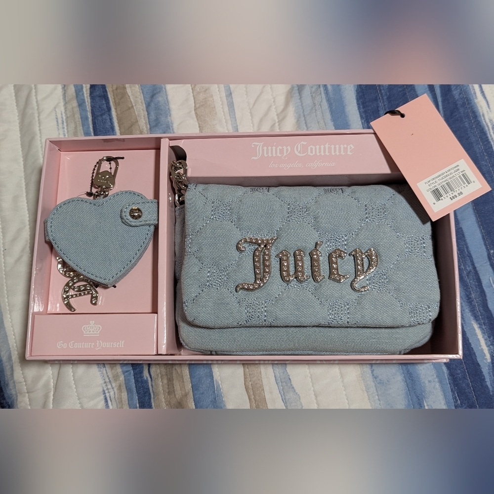 The Juicy Couture Gothic Denim Crossbody Bag & Mirror Bling Keychain Boxed Set - Picture 1 of 3